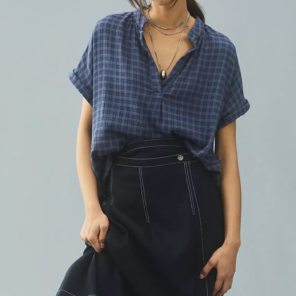 Anthropologie Cloth & Stone Short-Sleeve Pullover Blouse Top Blue NEW